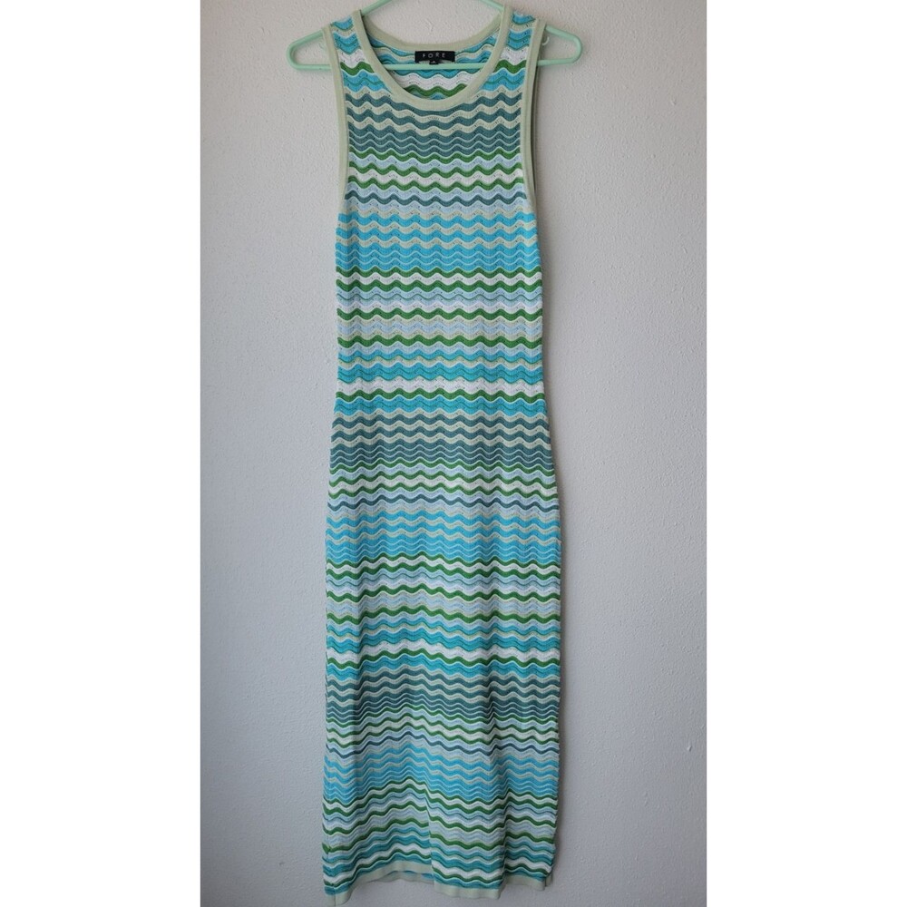 FORE Crochet Knit Maxi Dress Women's Sm Blue Green Wave Stripe Sleeveless Boho
